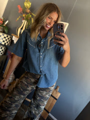 W165 Denim Button Down Shirt w/ Design