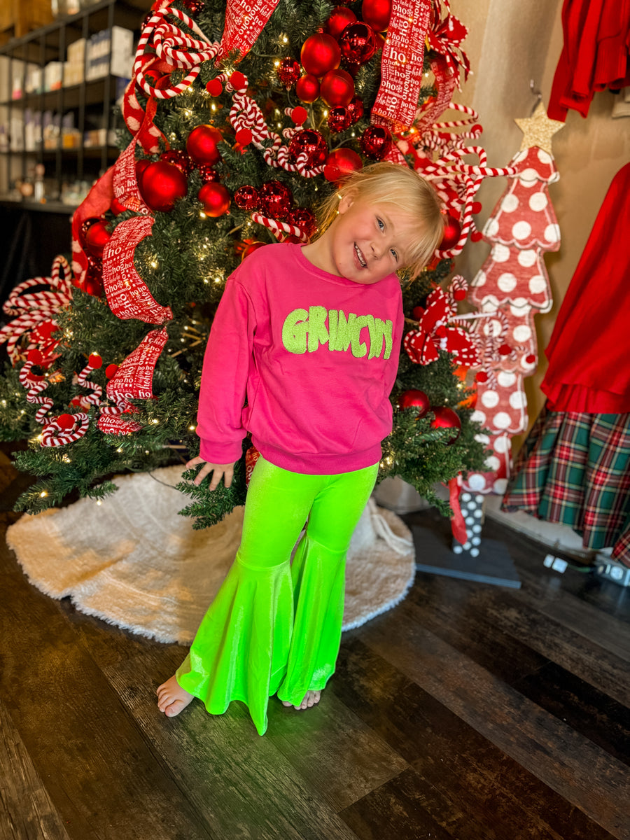 Pink Grinchy Outfit with Lime Green Velvet Bell Bottoms