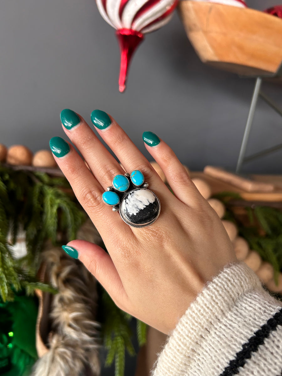 Adjustable white buffalo and turquoise ring