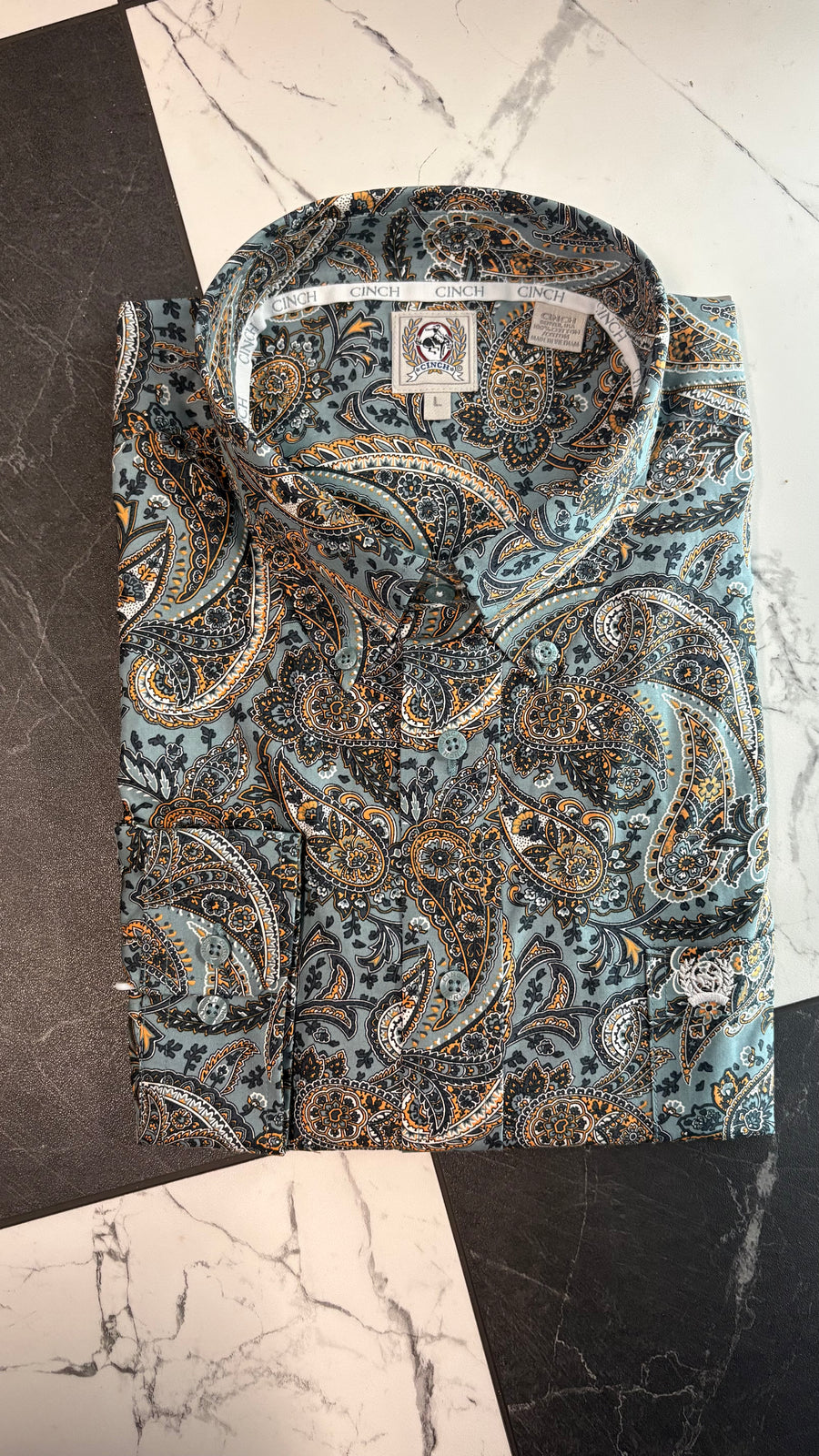 M134 Blue w/ Orange Print Button Up Long-Sleeve