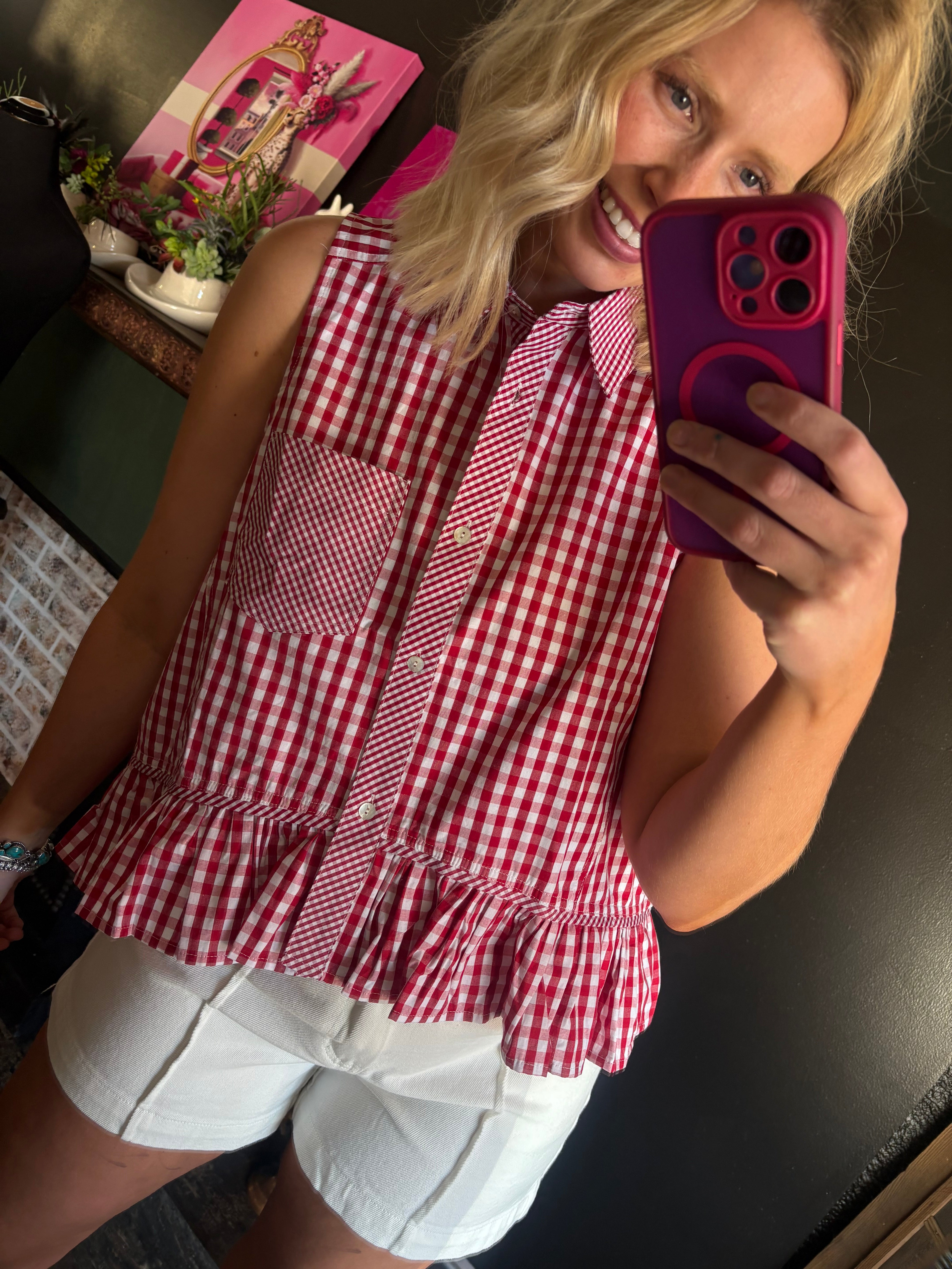 W125 Red Plaid Sleeveless Shirt