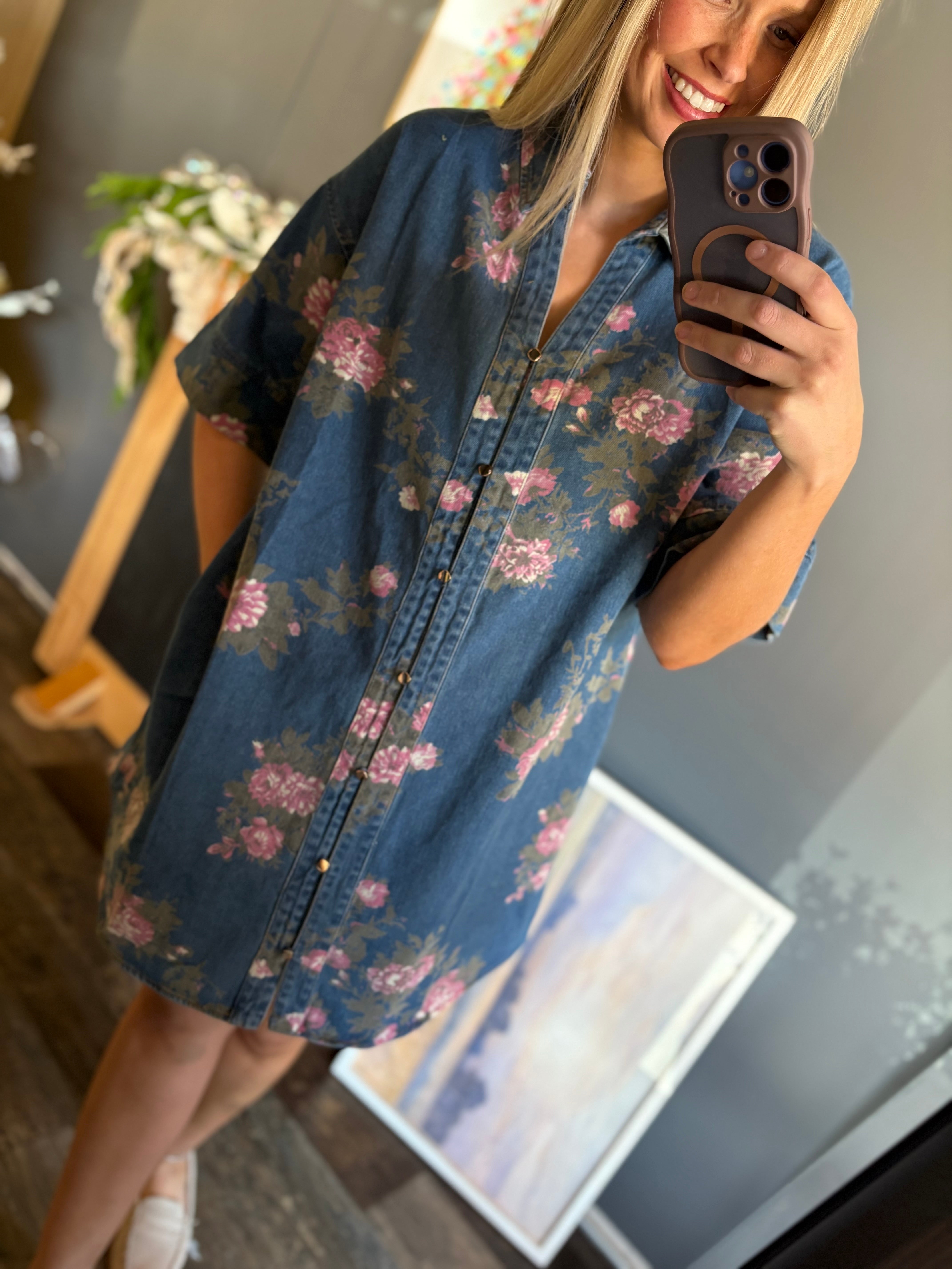 W201 Denim Button Floral Dress