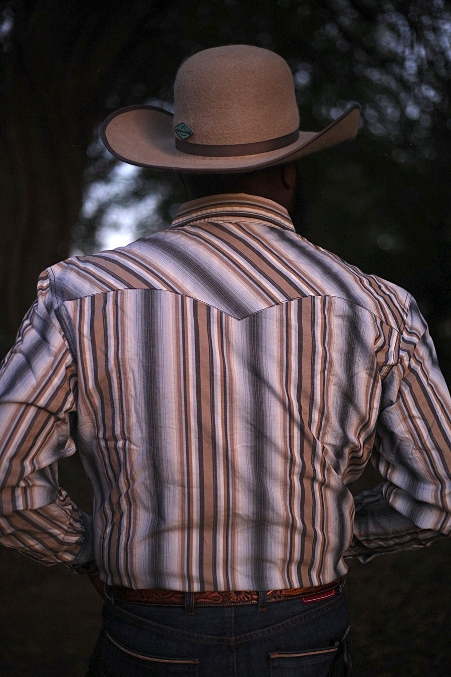 M3112 Blue and Tan Striped Button Up