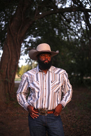 M3112 Blue and Tan Striped Button Up