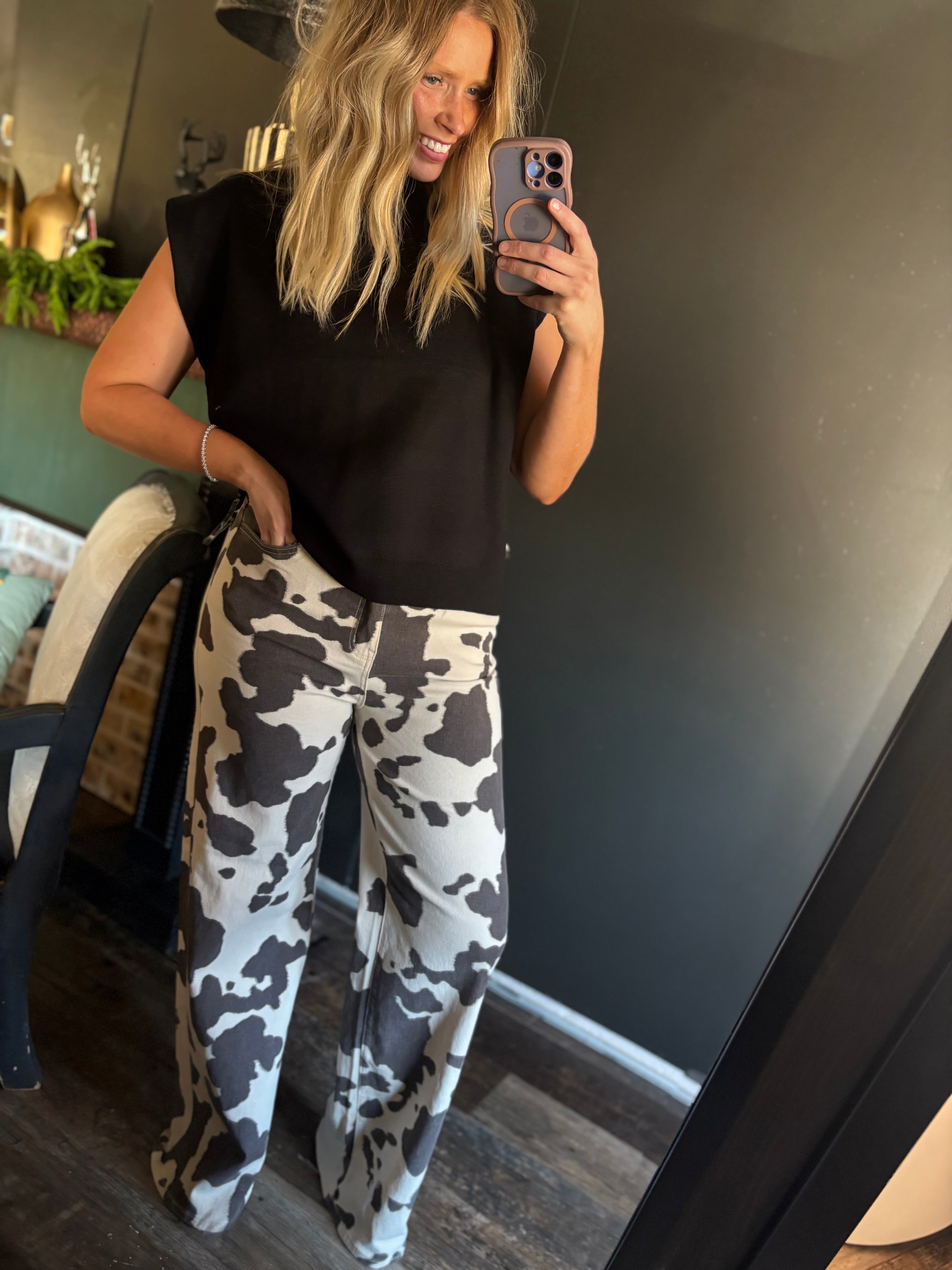 W70 Cow Print Wide Leg Jeans