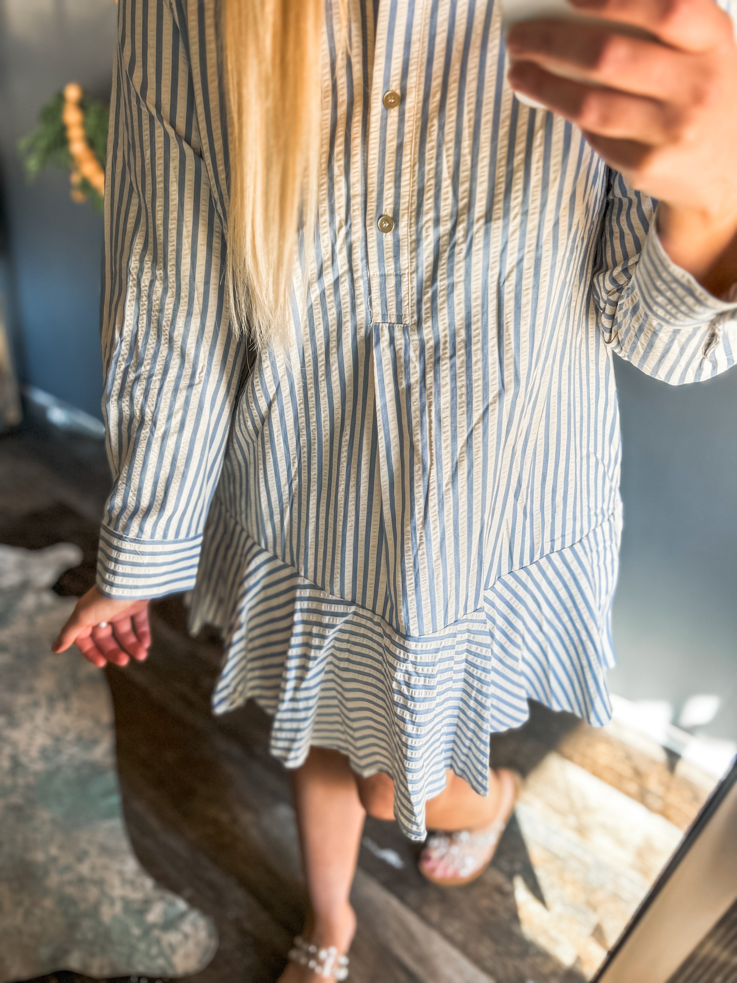 Blue and white stripe button up dress