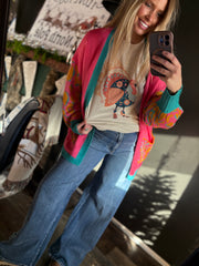 W170 Pink/Orange Leopard Teal Cardigan