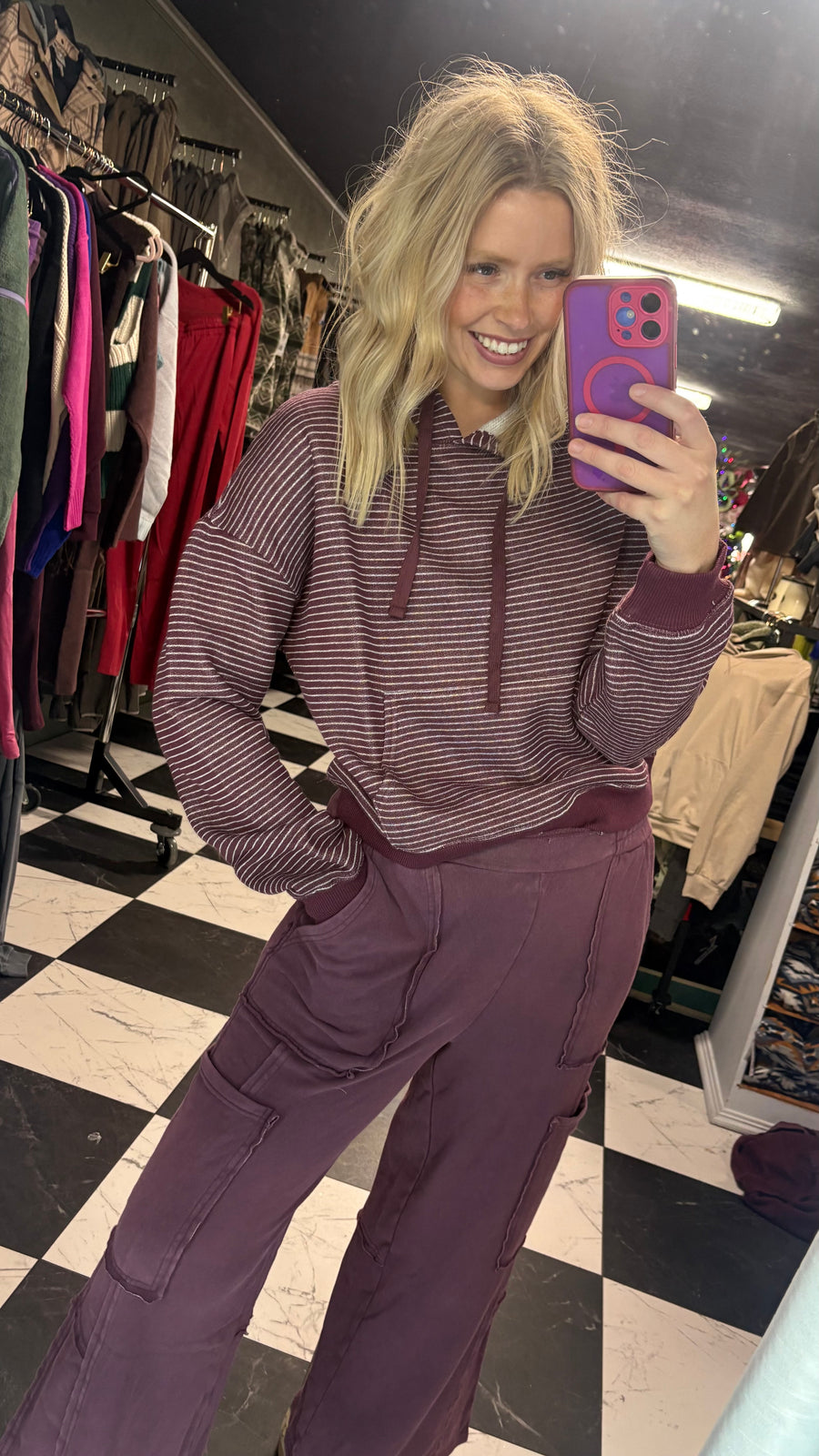 W619 Dark Cherry Striped Hoddie