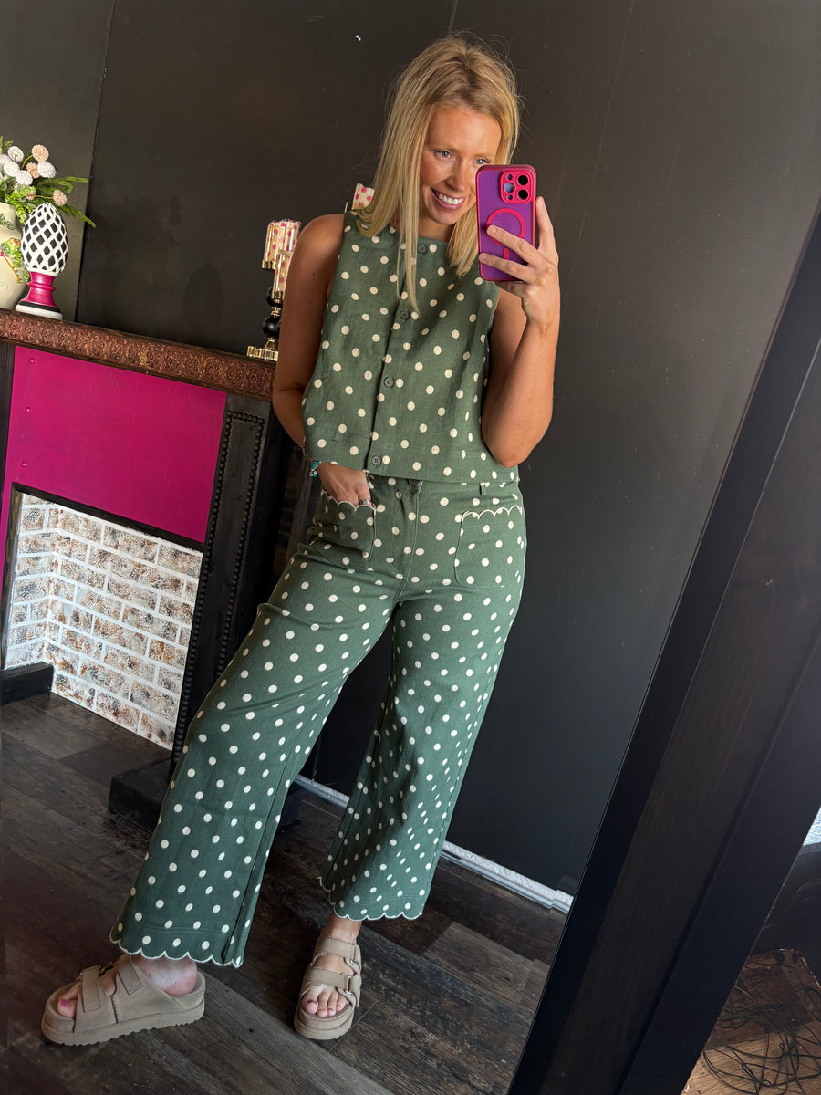 W366 Olive w/ White Polka Dot Button Top