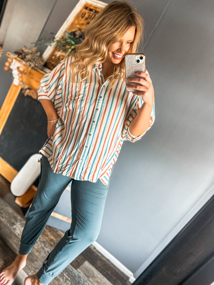 Blue and rust striped collard top