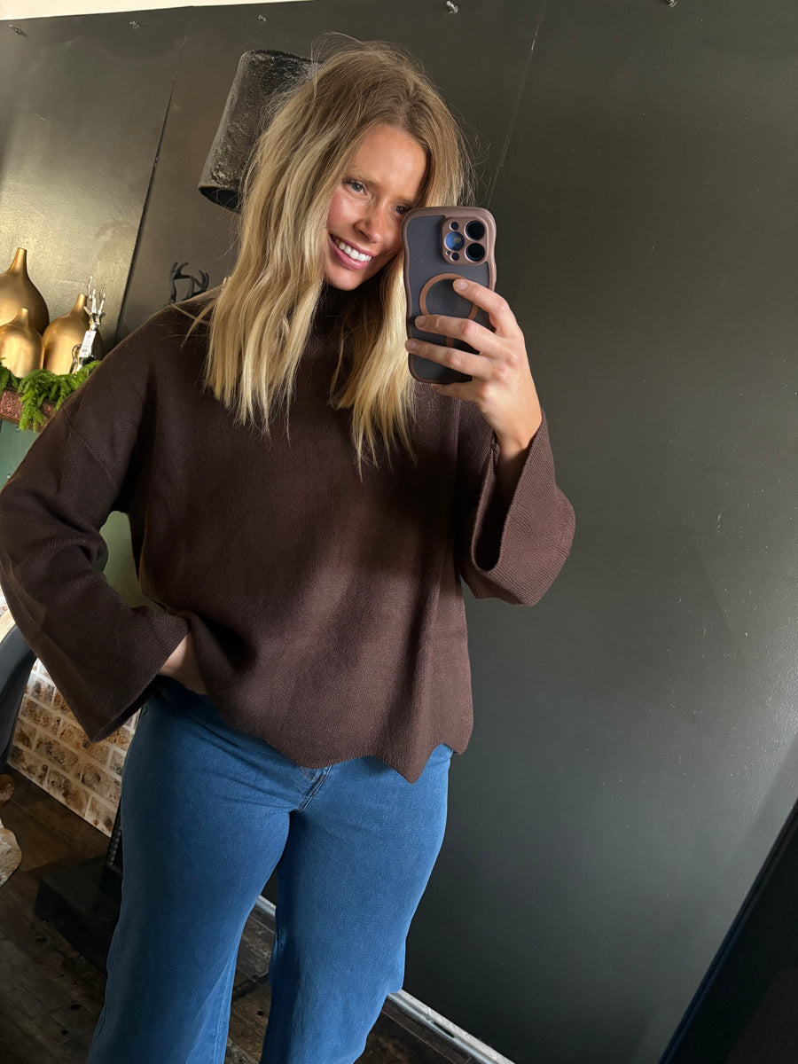 W153 Brown Scalloped Bottom Sweater