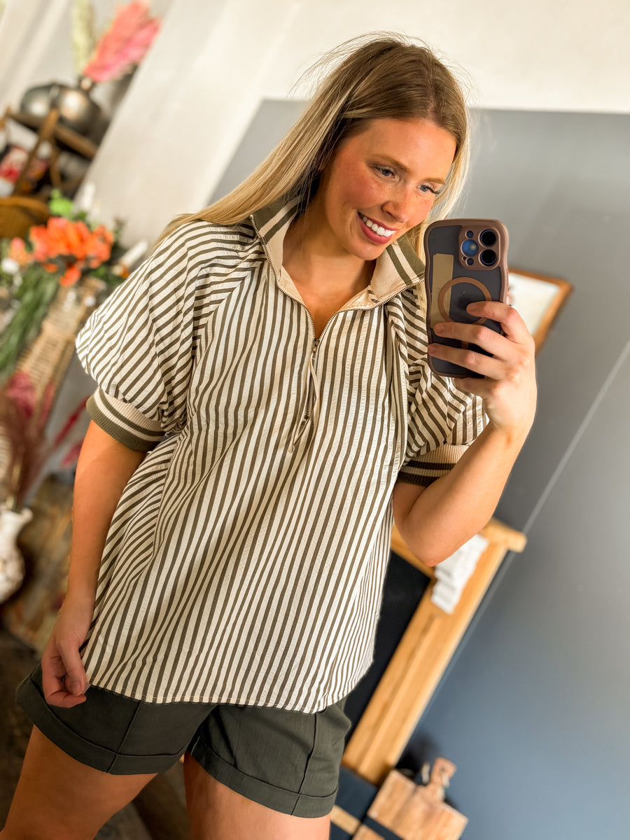W114 Olive Striped Zip Top
