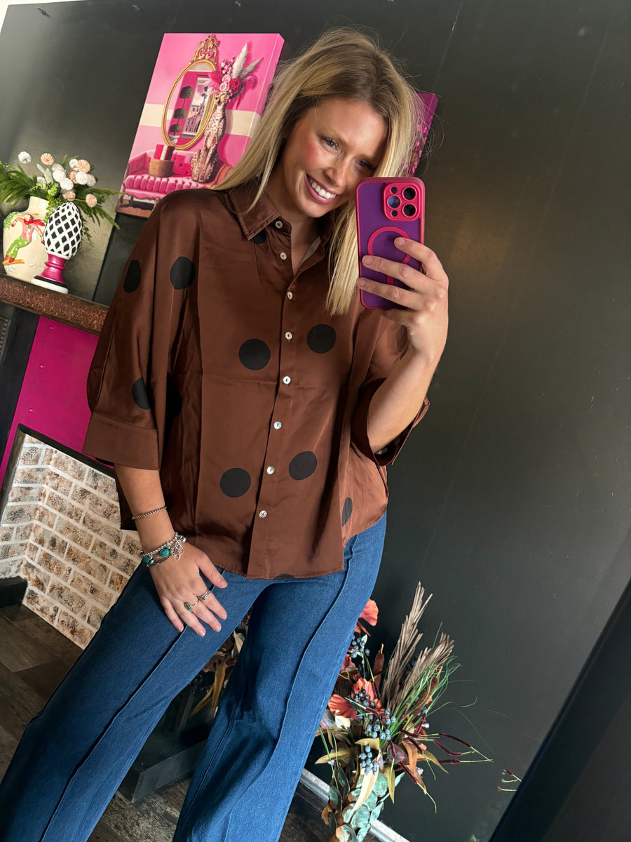 W135 Brown Top with black polka dots