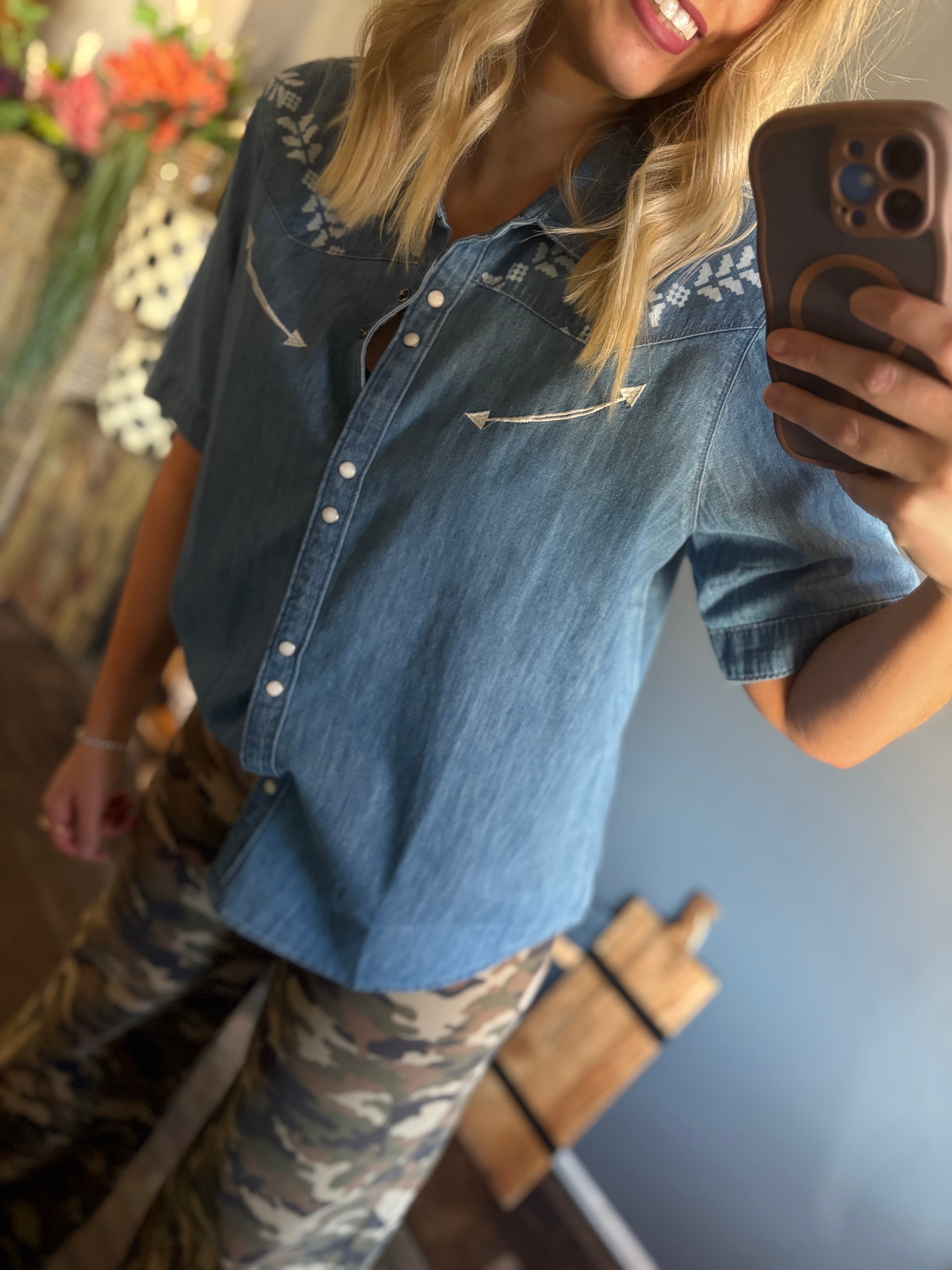 W165 Denim Button Down Shirt w/ Design