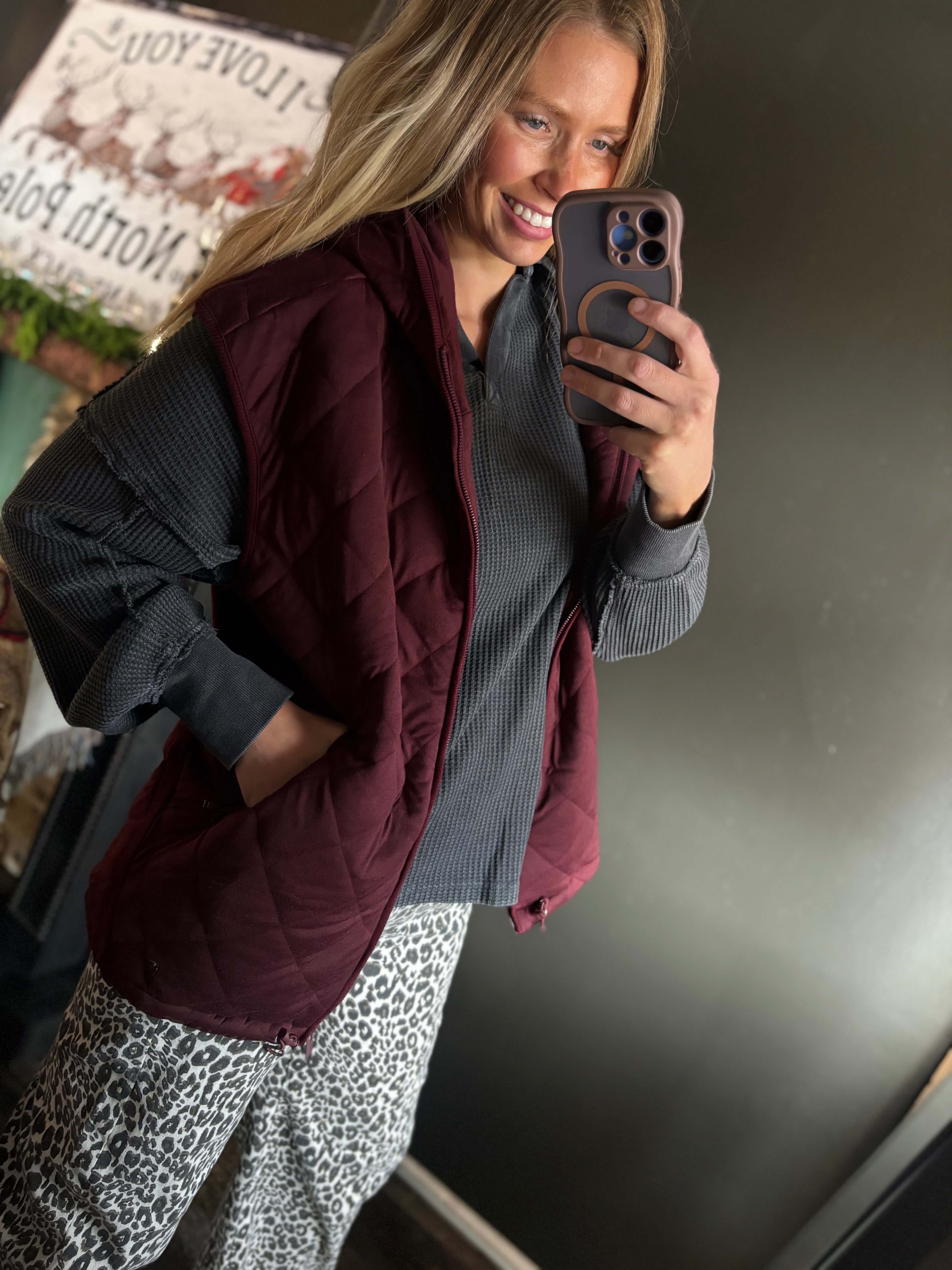 W301 Quilted Hoodie Vest / Dark Cherry