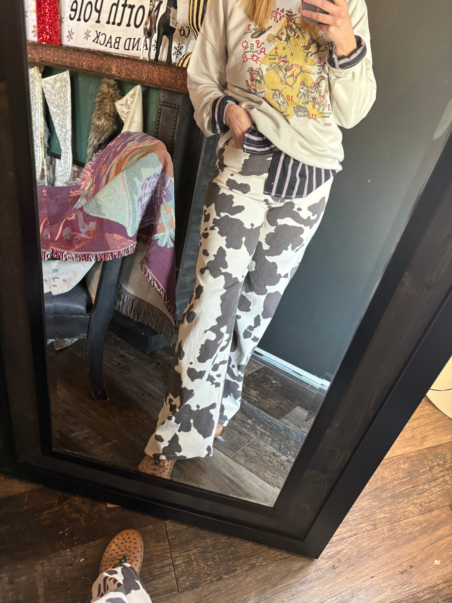 W70 Cow Print Wide Leg Jeans