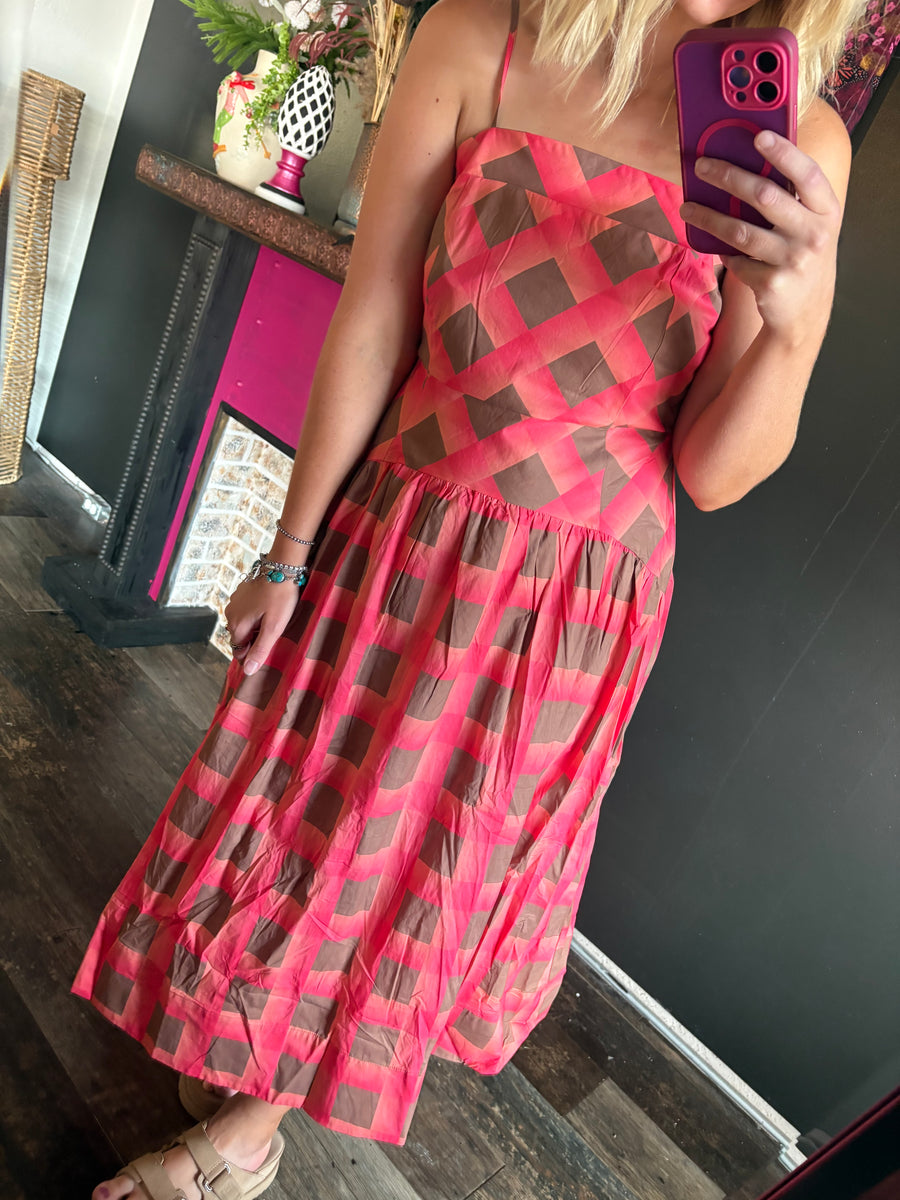 W379 Coral w/ Brown Boxy Dress