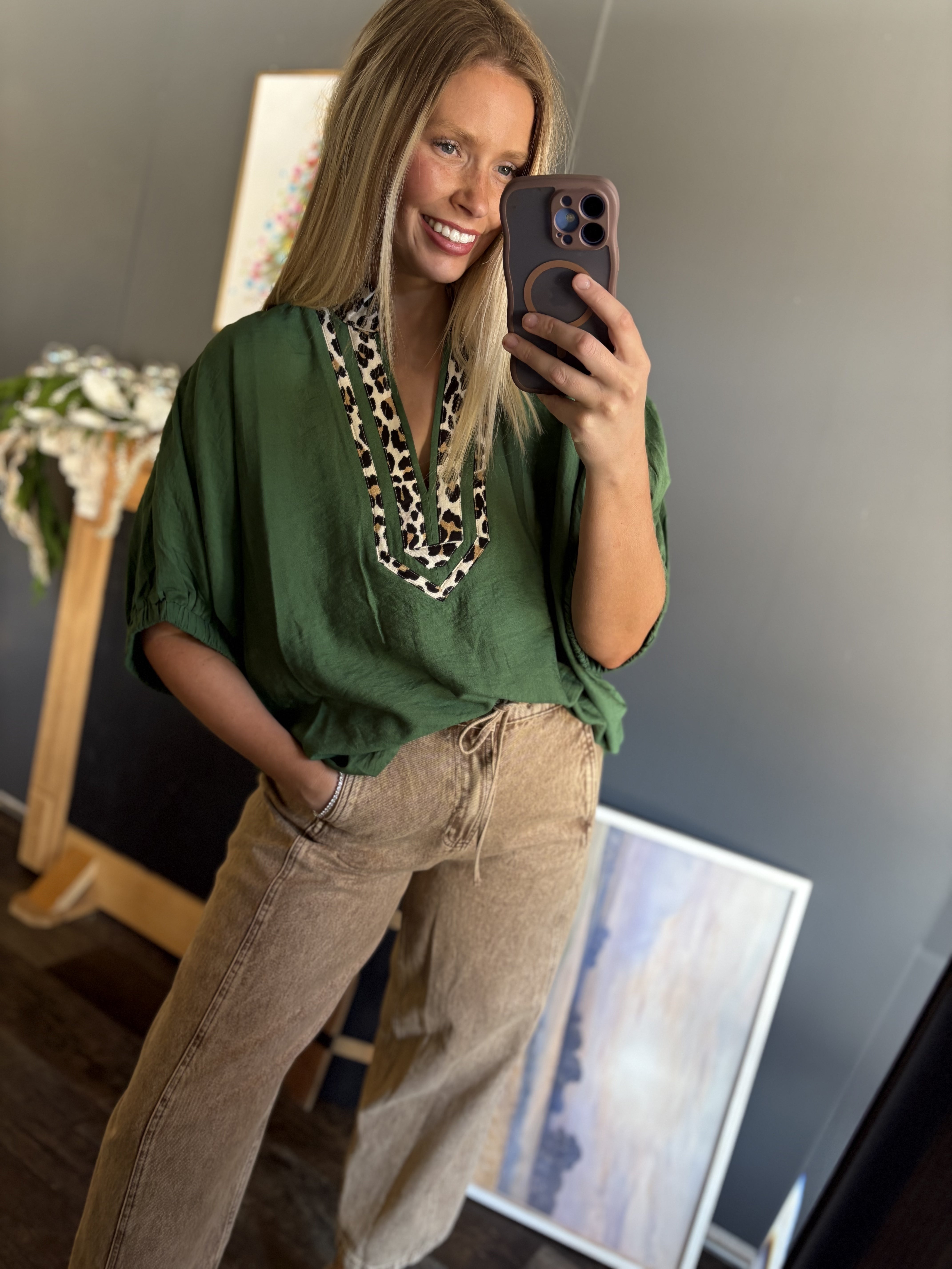 W149 Green Leopard Blouse