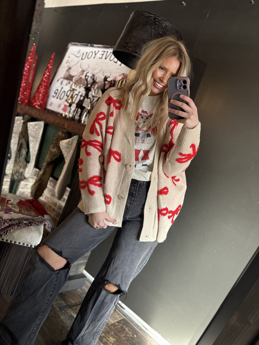 W25 Tan & Red Bow Cardigan