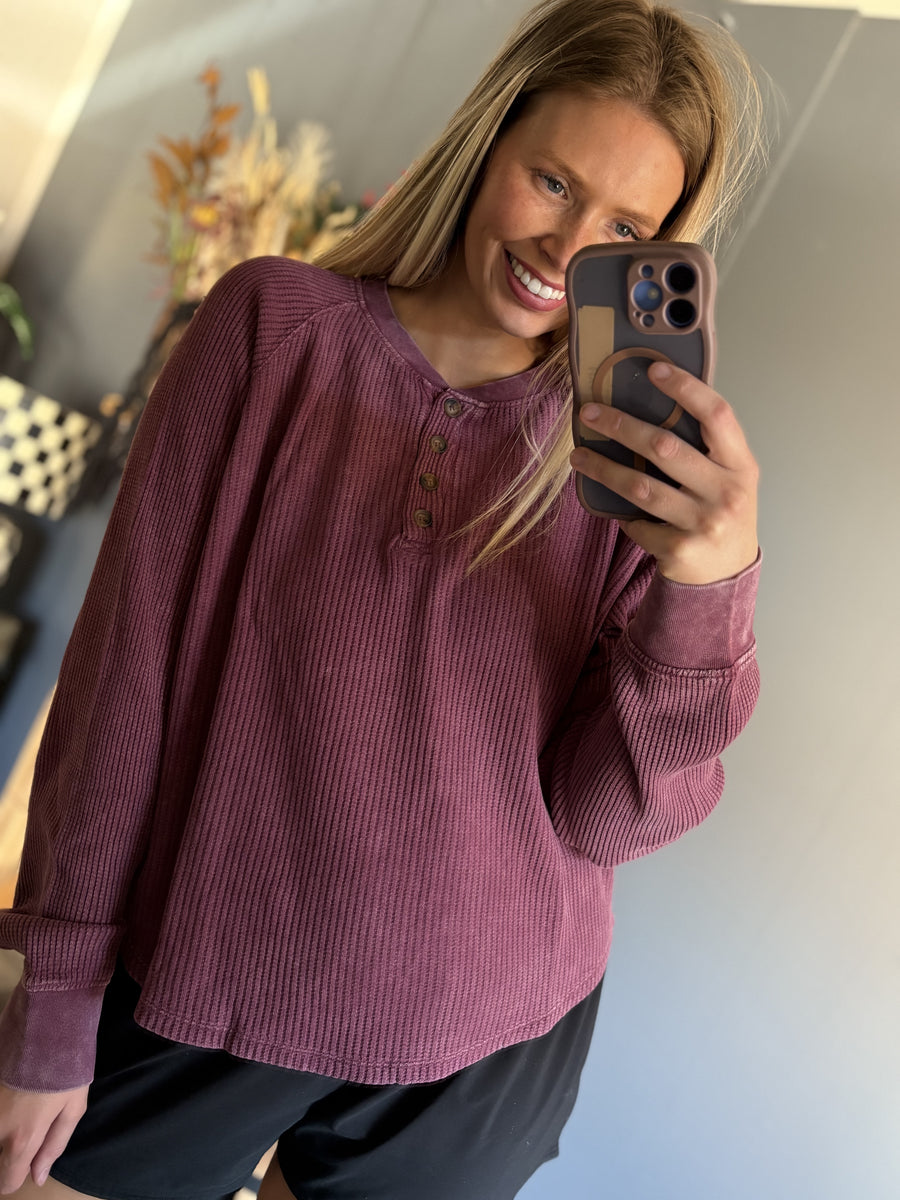 W124 Button Waffle L/S Top - Dark Cherry