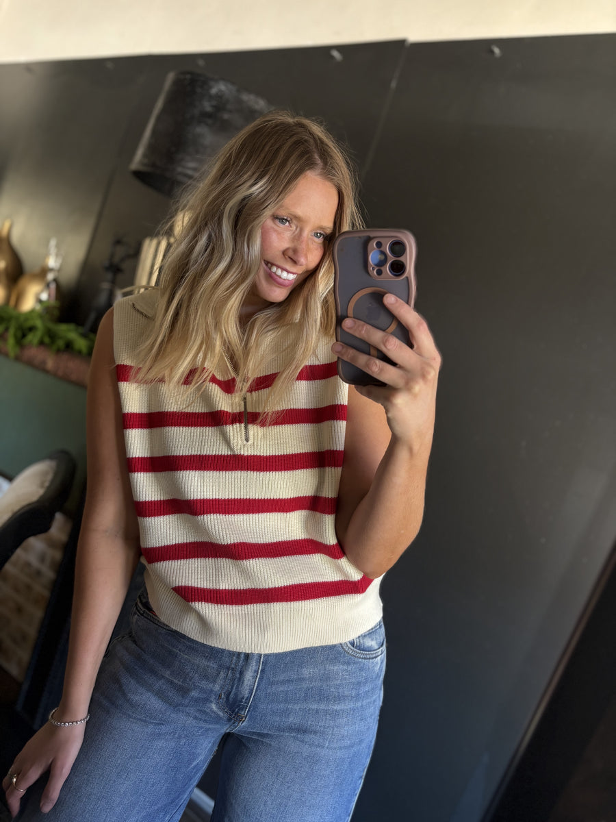 W255 1/4 Zip Striped Sweater Vest - Red