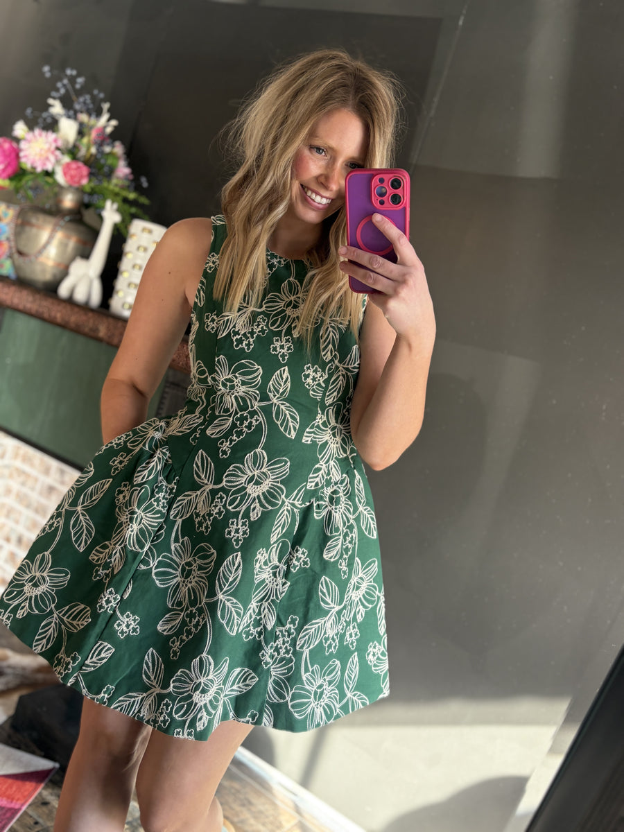 W501 Green w/ White Floral Dress