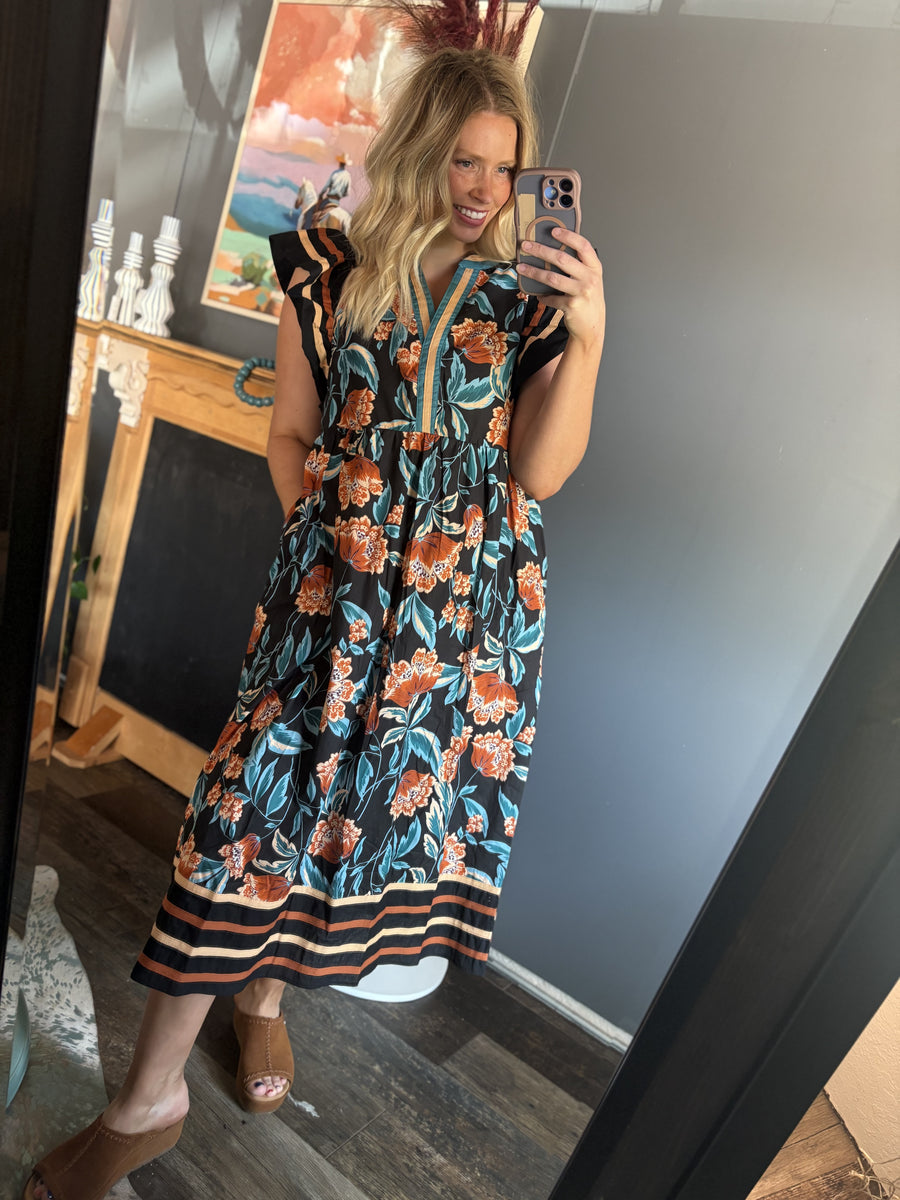 W2 Floral Flutter Sleeve Striped Dress