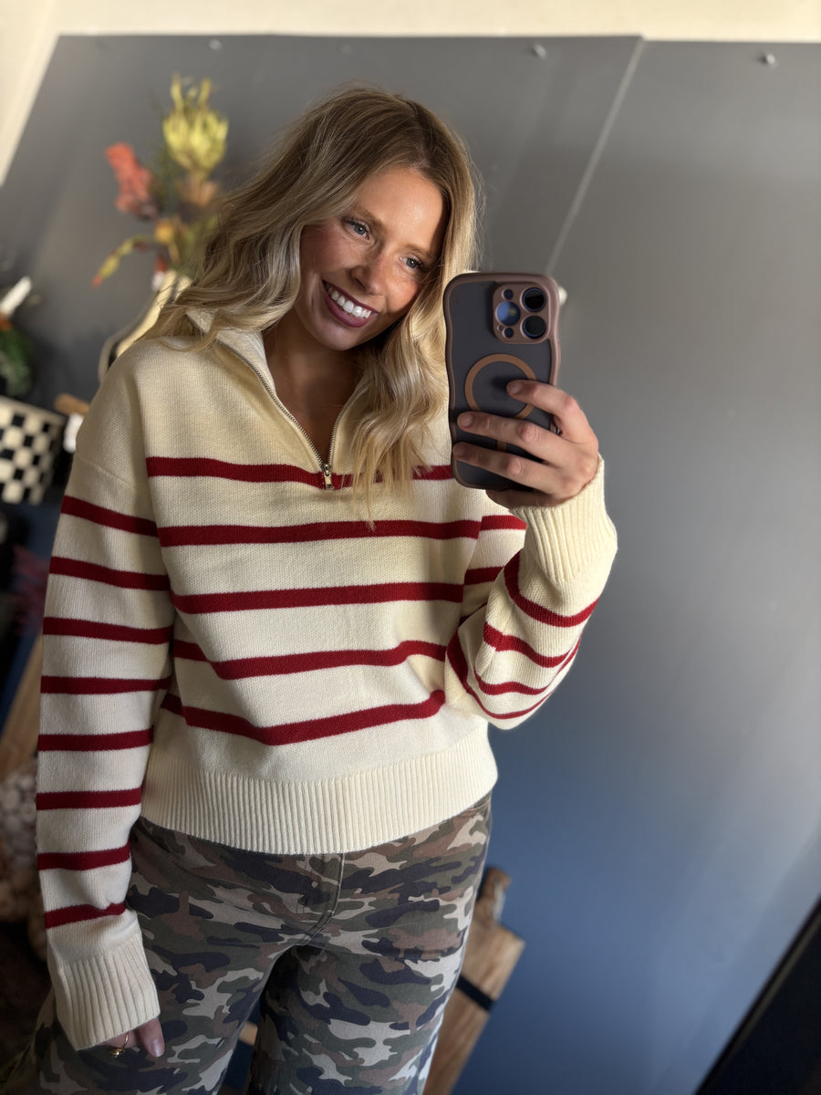 W182 Cream and Red 3/4 Zip Sweater
