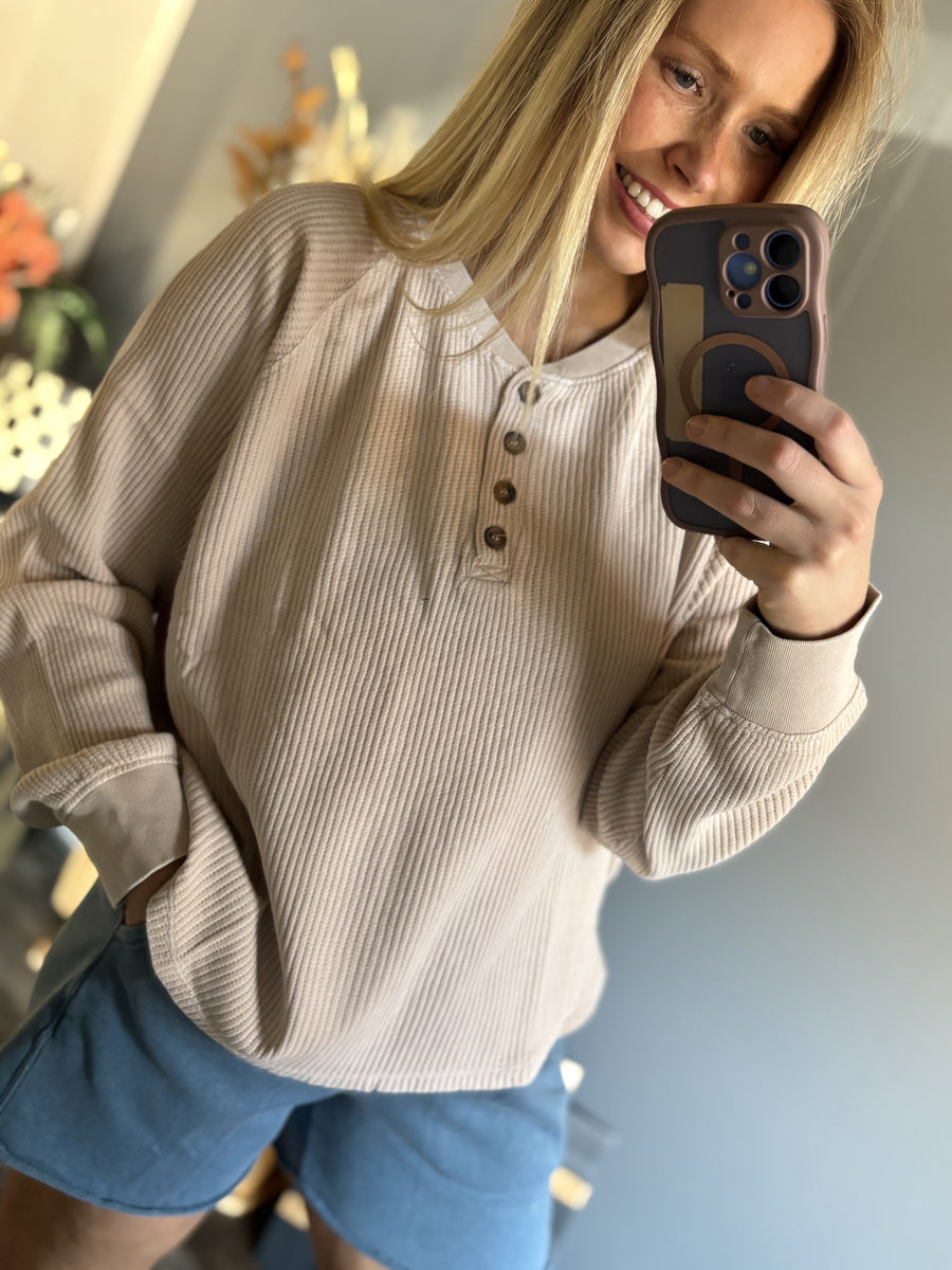 Button Waffle L/S Top - Taupe