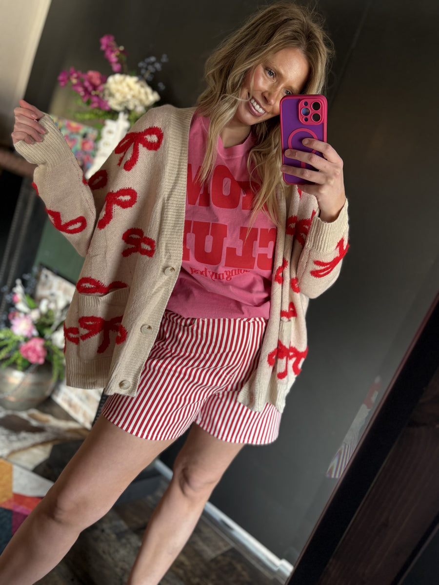 W25 Tan & Red Bow Cardigan