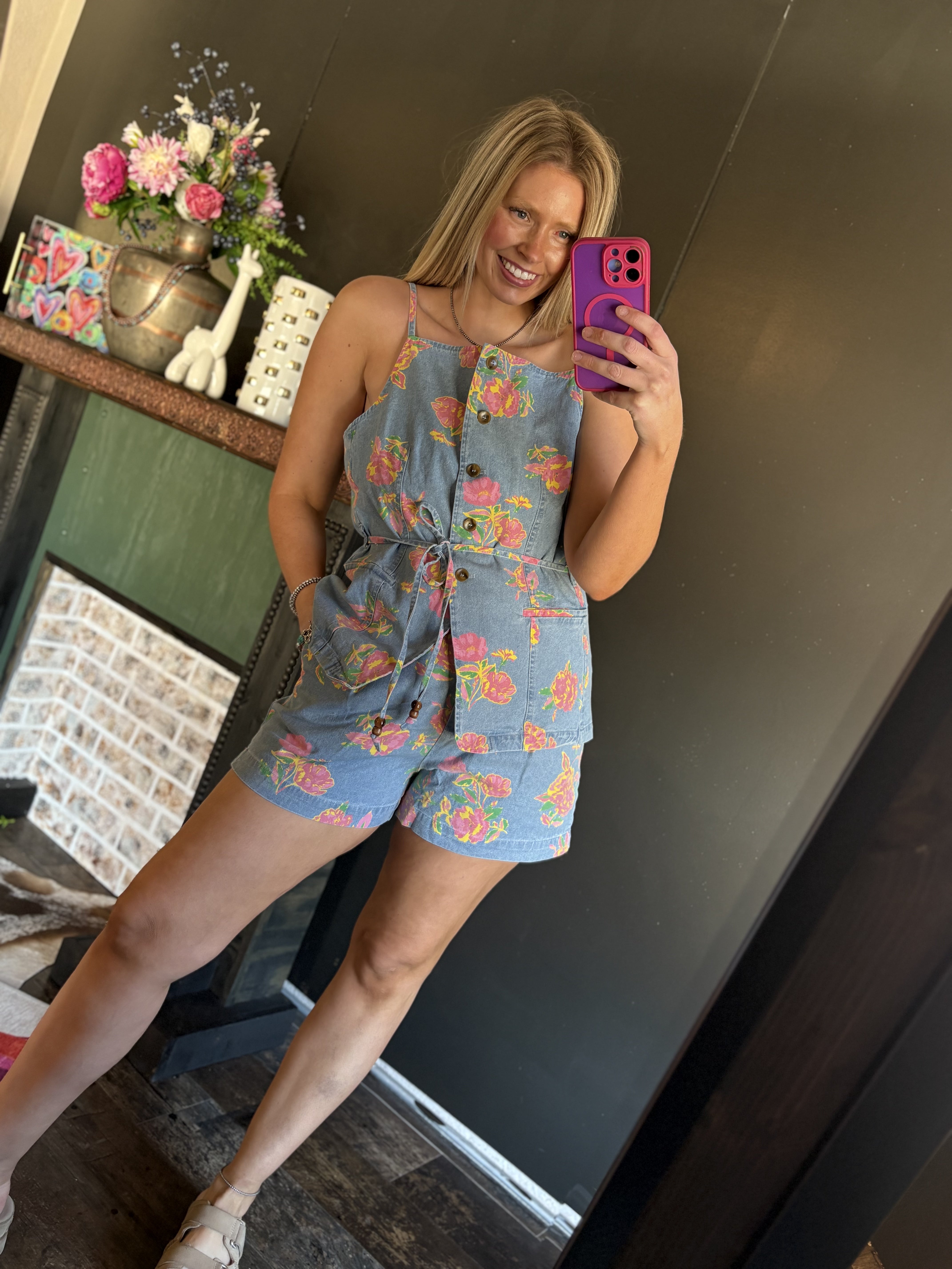 W38 Denim Floral Shorts