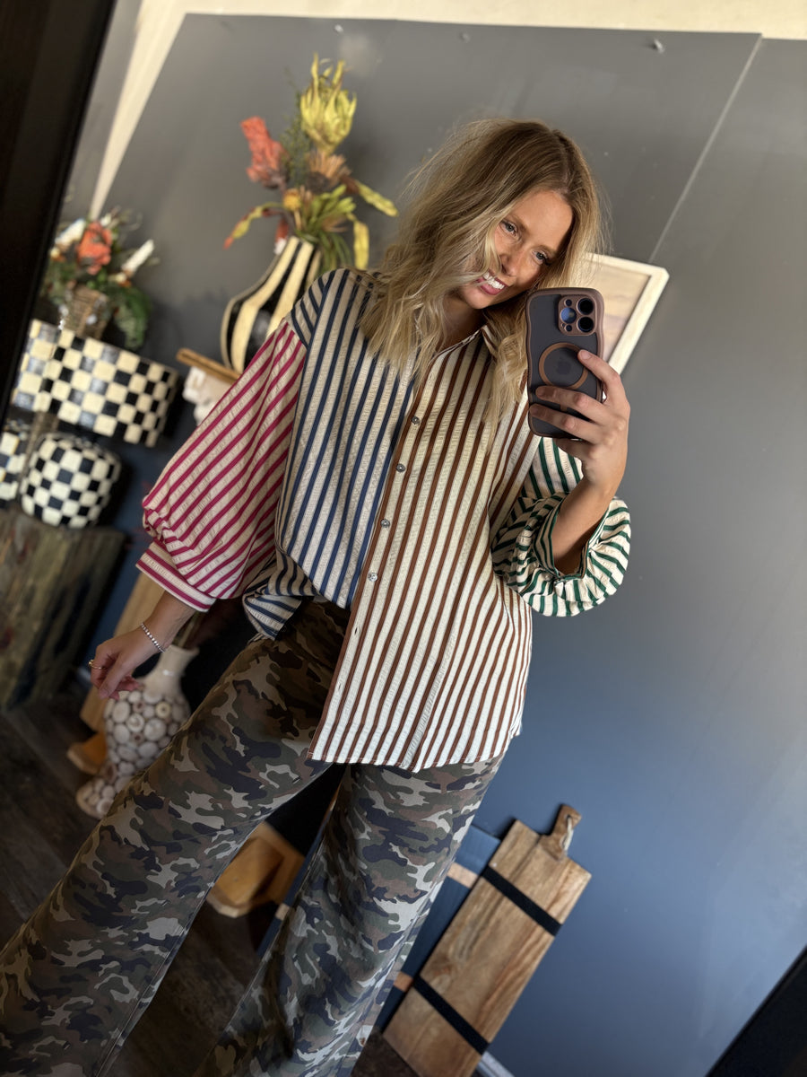 W162 Fall Striped Button-Down Blouse
