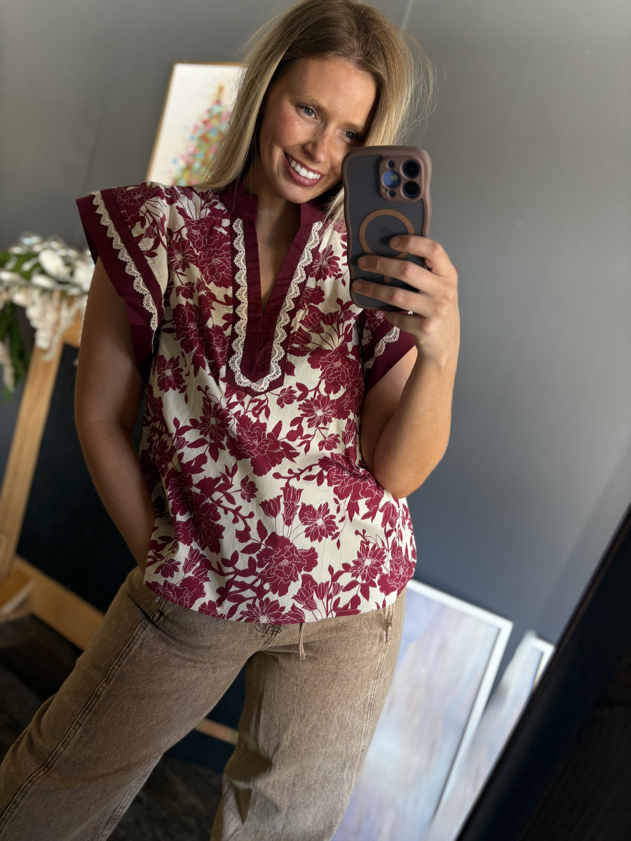 W148 Burgundy V-neck Blouse