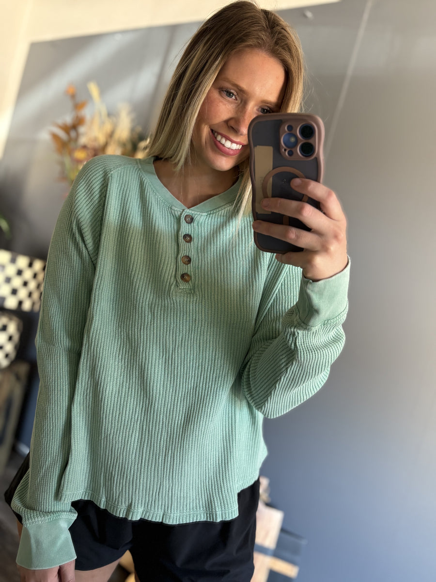 W121 Button Waffle L/S Top - Seafoam
