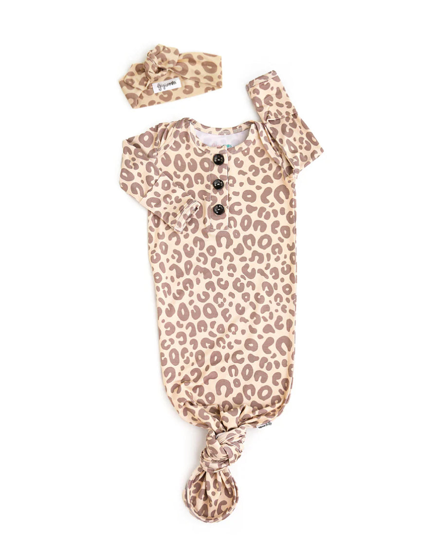 B3 Amari Leopard Bamboo Newborn Gown w/ Topknot Headband