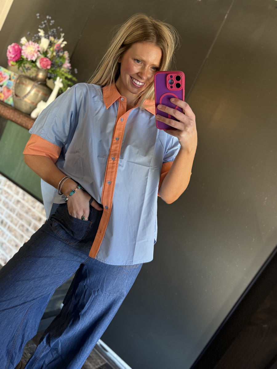 W24 Light Blue w/ melon Button Shirt