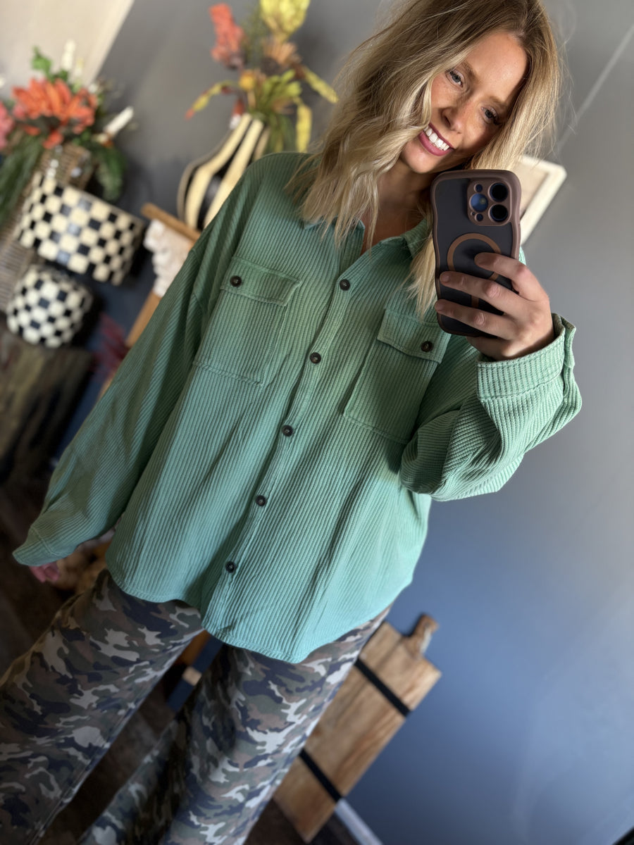 W96 Seafoam Oversized Waffle Button Up