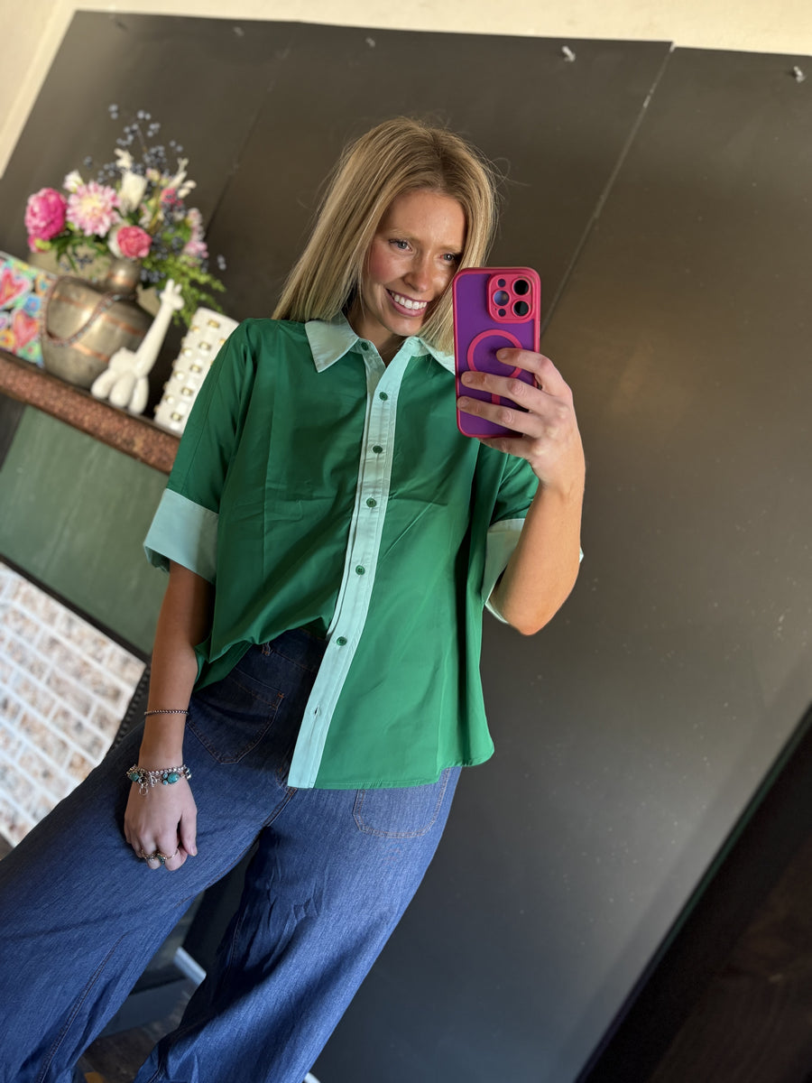 W39 Green w/ Blue Button Shirt