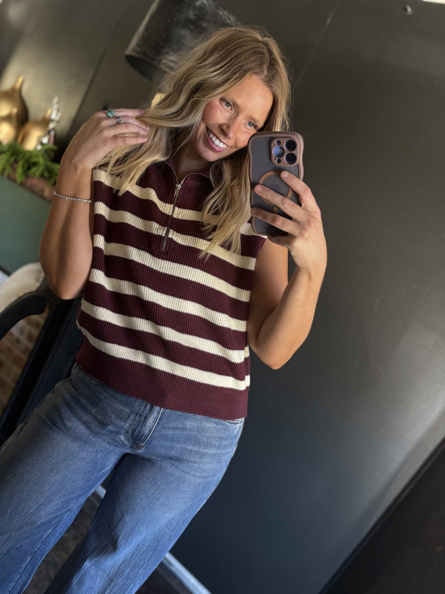 W254 1/4 Zip Striped Sweater Vest - Burgundy