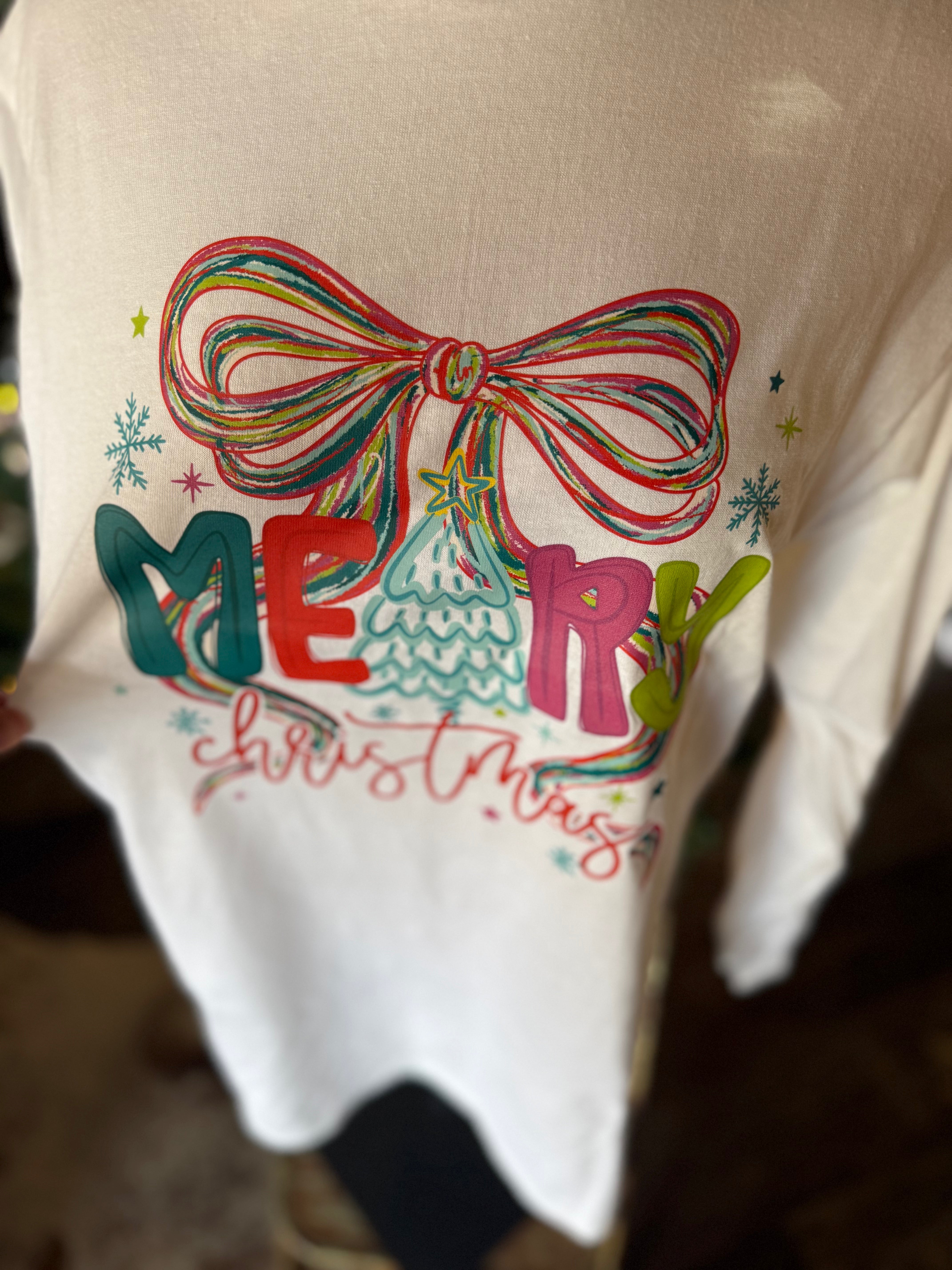 Colorful Bow Merry Christmas L/S Tee