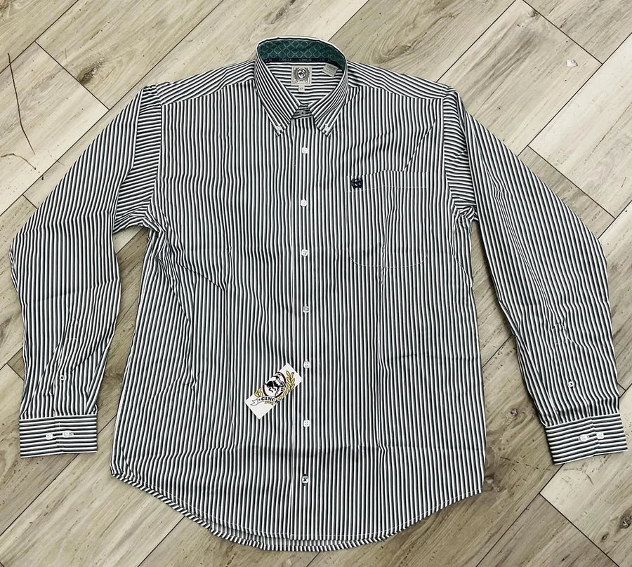 M135 Blue and Green Stripe Button Up Long-sleeve