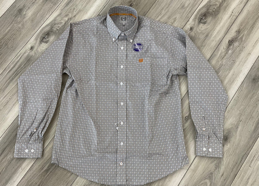M133 White w/ Orange Print Button Up Long-sleeve