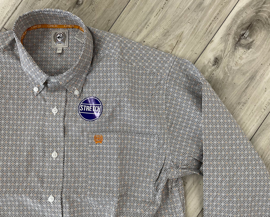M133 White w/ Orange Print Button Up Long-sleeve