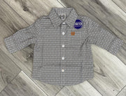 K423 White w/ Orange Print Button Up Long-sleeve