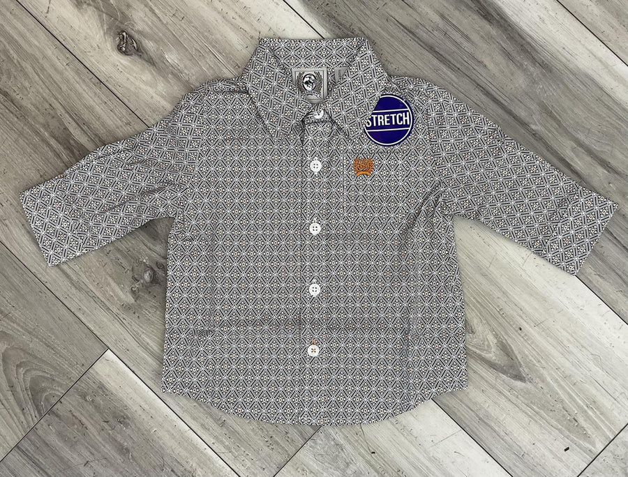 K423 White w/ Orange Print Button Up Long-sleeve
