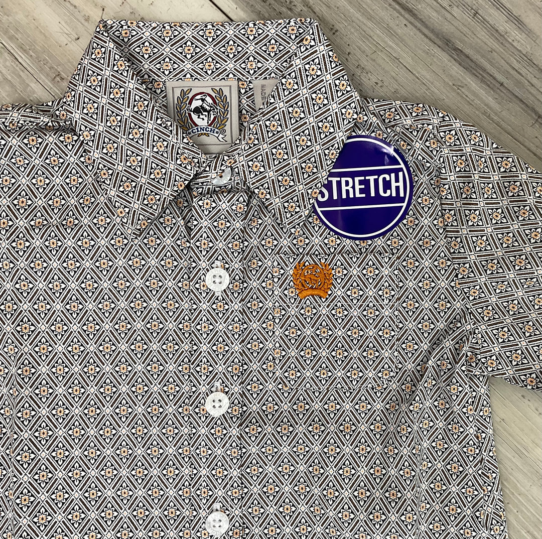 K423 White w/ Orange Print Button Up Long-sleeve