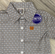 K423 White w/ Orange Print Button Up Long-sleeve