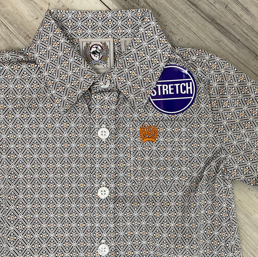 K423 White w/ Orange Print Button Up Long-sleeve