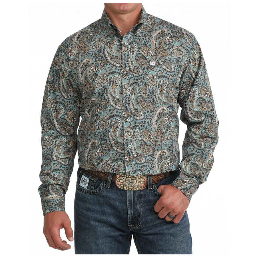 M134 Blue w/ Orange Print Button Up Long-Sleeve