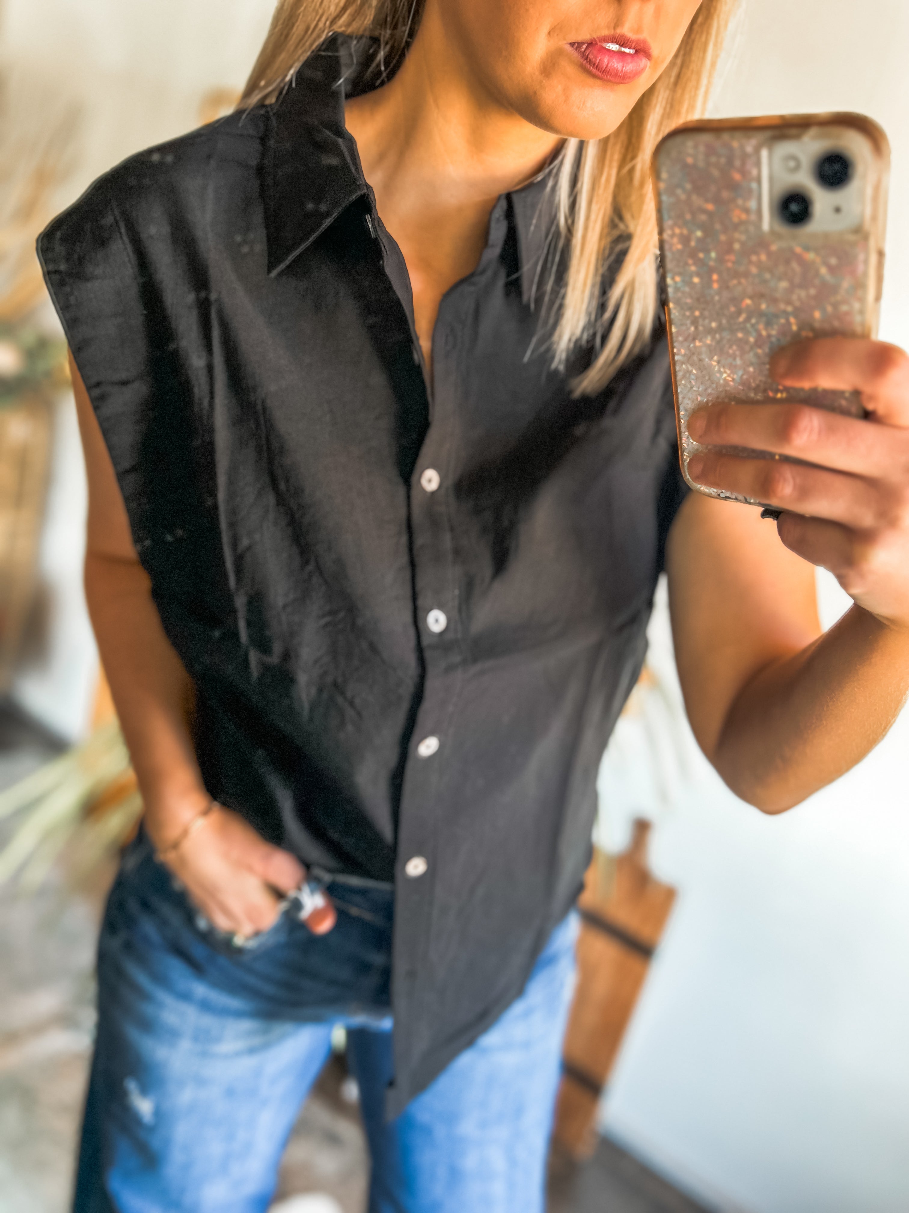 Black Collared Sleeveless button up